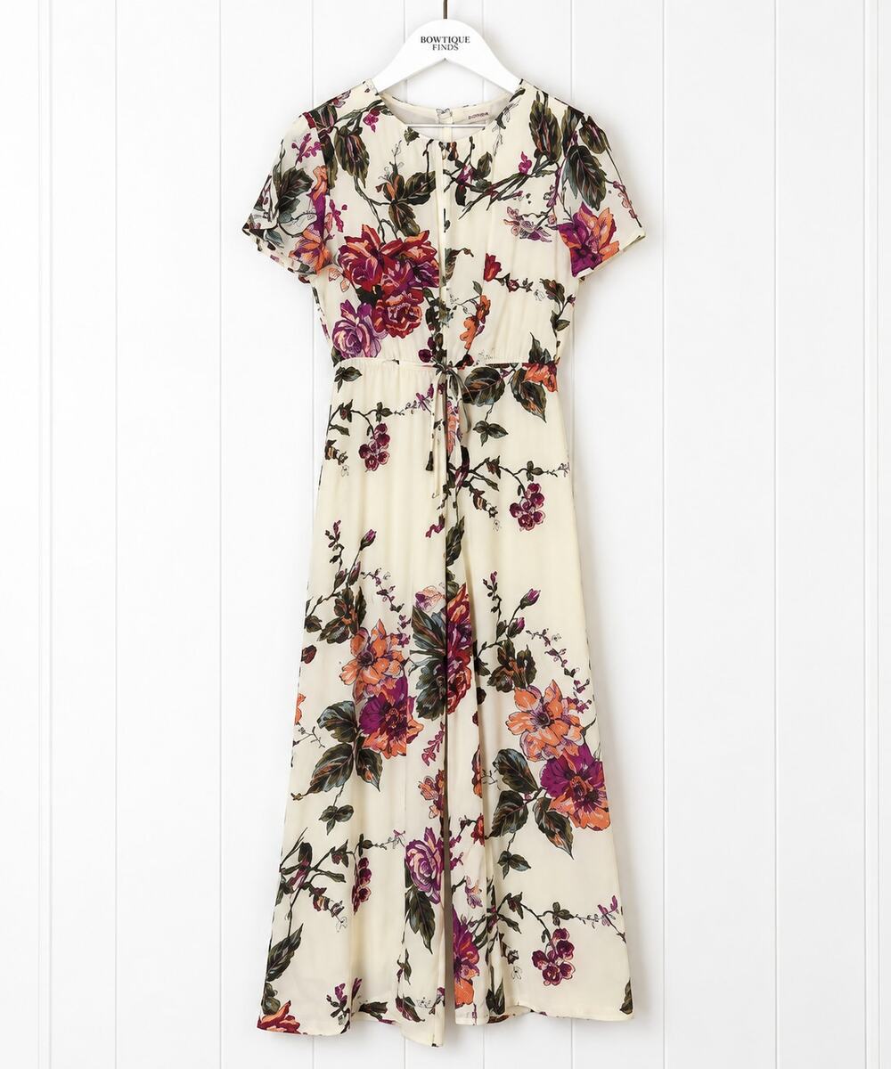 Three Bird Nest Jumpsuit Womens S Cream Floral Rayon Wide Leg Flutter Sleeve